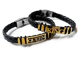 Airtick (Set Of 2 Pcs) Golden Love Queen And King Crown Casual Style Daily Use Braided Leatherette Rope Cutting Wraps Strap Ponytail Design Hand Wrist Band Bangle Couple Bracelet With Buckle Lock-thumb1
