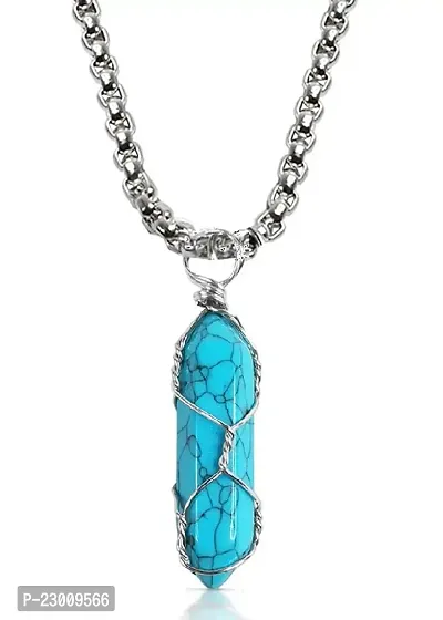 Airtick Blue Color Unisex Natural Stone Healing Glass Life Of Wire Wrapped Teardrop Crystal Hexagonal Point Prism Pencil Shape Locket Pendant Necklace With Box Chain
