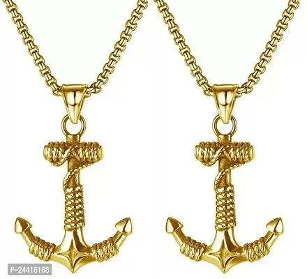 Airtick (Set Of 2 Pcs) Unisex Golden Stainless Steel Wind Pirate Sea Gothic Rope Rassa Design Anchor Punk Pendant Locket Choker Necklace With Box Chain