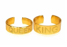 Airtick Golden Color Valentine's Day Stainless Steel Adjustable Size Romantic Couple Punk Fashion King Queen Name Engraved Design Open-Cuff Finger Dainty Rings Set-thumb1