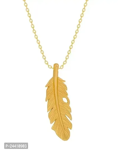 Airtick Golden Color Unisex Stylish Trending Stainless Steel Funky Leaf Plume Feather/Pankh Tail Charm Locket Pendant Necklace With Clavicle Chain