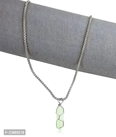 Airtick Light Green Color Unisex Natural Stone Healing Glass Life Of Wire Wrapped Teardrop Crystal Hexagonal Point Prism Radium Glow In the Dark Pencil Shape Locket Pendant Necklace With Box Chain-thumb2