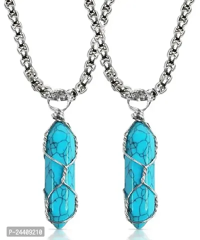 Airtick (Set Of 2 Pcs Blue Plated Unisex Natural Stone Healing Glass Life Of Wire Wrapped Teardrop Crystal Hexagonal Point Prism Pencil Shape Locket Pendant Necklace With Box Chain