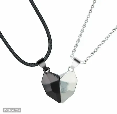 Airtick Black  Silver Valentine's Day Special I Love You Diamond Cut Design Magnetic Distance Broken Heart Shape Love Couple Promise 2 In 1 Duo Locket Pendant With Clavicle Chain  Rope-thumb0