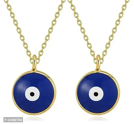 Airtick (Set Of 2 Pcs) Valentine's Day Special Golden Color I Love You Round Blue Stone Small Moti Beads Evil Eye Nazar Suraksha Kavach Pendant Locket Charm Necklace With Clavicle Chain-thumb0