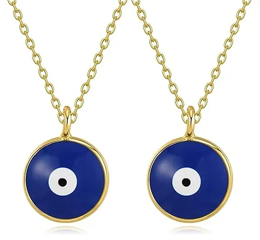 Airtick (Set Of 2 Pcs) Valentine's Day Special Golden Color I Love You Round Blue Stone Small Moti Beads Evil Eye Nazar Suraksha Kavach Pendant Locket Charm Necklace With Clavicle Chain