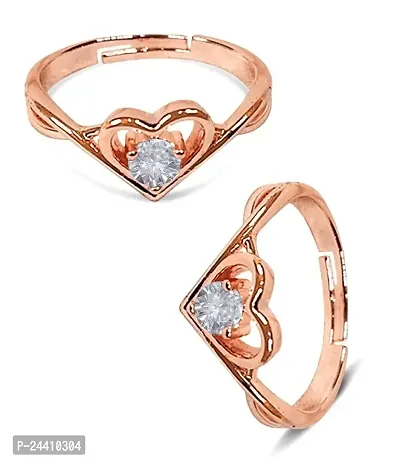 Airtick (Set Of 2 Pcs Rose-Gold Stainless Steel Valentine's Day Adjustable Size Crystal Round Cut Diamond Nug/Stone Studded Romantic Love Heart Shape Finger/Knuckle Rings For Girl's  Women's