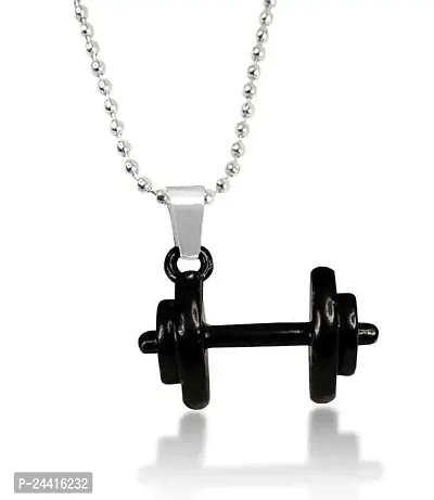 Airtick Black Color Unisex Metal Stainless Steel Weightlifting Fitness Gym Bodybuilding Sports Dumbbell Barbell Locket Pendant Necklace With Ball Chain