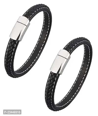 Airtick (Set Of 2 Pcs) Unisex Black  Silver Casual Style Daily Use Braided Leatherette Rope Cutting Wraps Strap Ponytail Design Sports Friendship Wrist Gym Band Bangle Bracelet With Buckle Lock-thumb0