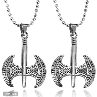Airtick (Set Of 2 Pcs) Silver Color Unisex Trending Stainless Steel Double-Edged Battle Axe Punk Rock Hip Hop Pendant Locket Necklace With Chain-thumb0