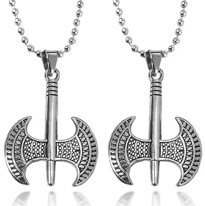 Airtick (Set Of 2 Pcs) Silver Color Unisex Trending Stainless Steel Double-Edged Battle Axe Punk Rock Hip Hop Pendant Locket Necklace With Chain