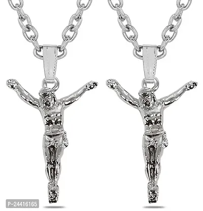 Airtick (Set Of 2 Pcs) Silver Color Stainless Steel Unisex Lord Holy Jesus Christ Cross Christian Isa Masih Locket Pendant Necklace With Chain