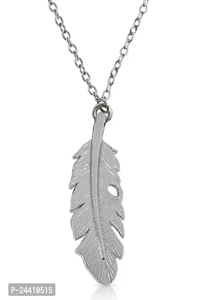Airtick Silver Color Unisex Stylish Trending Stainless Steel Funky Leaf Plume Feather/Pankh Tail Charm Locket Pendant Necklace With Clavicle Chain