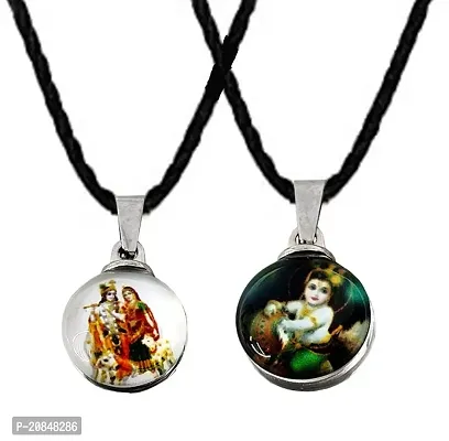 Airtick (Pack Of 2 Pcs) JAR0540-02 Small Size Dual Side Hindu God Lord Shri Radha Krishna/Thakur Ji/Govinda/Kanha/Laddu Gopal With Basuri/Murli Locket Pendant Necklace With Cotton Thread Dori-thumb0