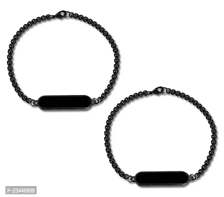 Airtick (Set Of 2 Pcs) Unisex Black Color Stainless Steel Cylinder Shape Single Plate Stylish Trending Fashionable Casual Style Daily Use Friendship Wrist Band Cuff Box Linear Chain Bracelet