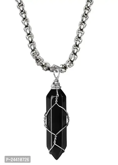 Airtick Black Color Unisex Natural Stone Healing Glass Life Of Wire Wrapped Teardrop Crystal Hexagonal Point Prism Pencil Shape Locket Pendant Necklace With Box Chain