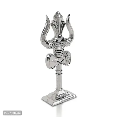 Metal Shiv,mahadev Trishul,trident with Big Damaru Double Side God Stand Small Size (10 X 3.5 Cm) Silver Pack of 1-thumb3