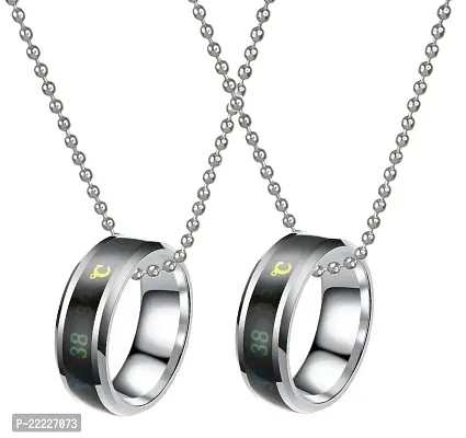 Airtick (Set Of 2 Pcs) Silver  Black Stainless Steel Unisex Funky Intelligent Smart Sensing Temperature Monitor Degree Celsius Display Changing Band Thumb Finger/Knuckle Ring Locket Pendant Necklace-thumb0