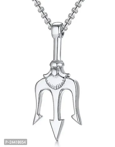 Airtick Silver Color Fancy  Stylish Hindu God Of The Sea Lord Shiva Mahadev Bolenath Mahakaal Poseidon Trishul/Trident Locket Pendant Necklace With Box Chain-thumb0