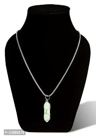 Airtick Light Green Color Unisex Natural Stone Healing Glass Life Of Wire Wrapped Teardrop Crystal Hexagonal Point Prism Radium Glow In the Dark Pencil Shape Locket Pendant Necklace With Box Chain-thumb3