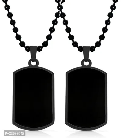 Airtick (Set Of 2 Pcs) Unisex Stainless Steel Black Plated Fancy  Stylish Solid Army Military Theme Step Edge Dog Tag Single Plate Pendant Locket Necklace With Ball Chain