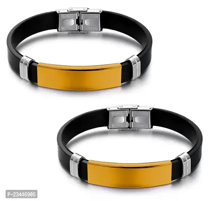 Airtick (Pack Of 2 Pcs) Unisex Black  Golden Color Stainless Steel Stylish Casual Style Daily Use Silicone Strap with Funky Classic Sports Friendship Wrist Band Bangle Bracelet with Buckle Lock
