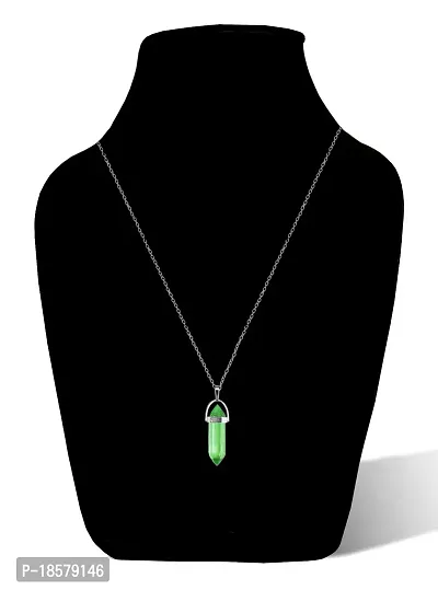 Airtick (Pack Of 2 Pcs) Green Glass Healing Crystal Hexagonal Point Prism Pencil Shape Locket Pendant Necklace With Clavicle Chain For Girl's  Women-thumb3