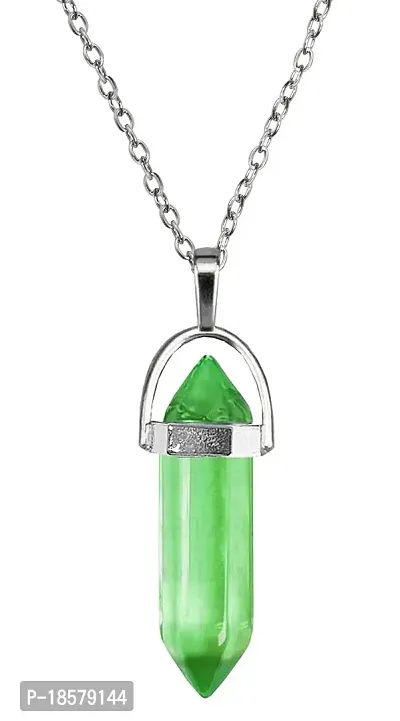 Airtick Green Glass Healing Crystal Hexagonal Point Prism Pencil Shape Locket Pendant Necklace With Clavicle Chain For Girl's  Women-thumb2