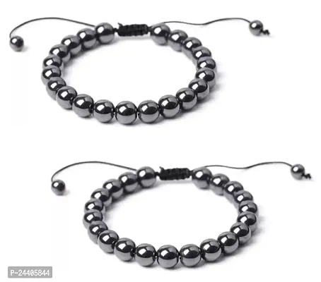 Airtick (Set Of 2 Pcs Unisex Grey Plated Trending 8mm Adjustable Round Therapy Natural Feng-Shui Healing Crystal Gem Stone Hematite Moti Beads Friendship Wrist Band Cuff Rope Dori Charming Bracelets