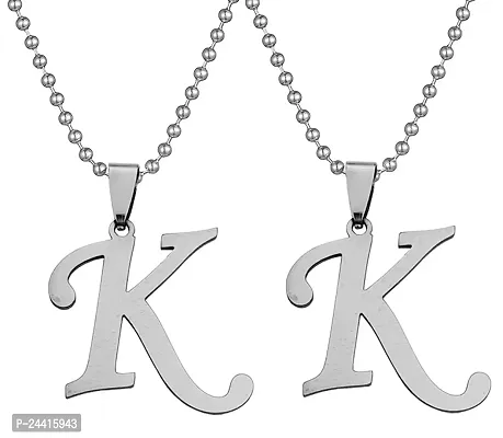 Airtick (Set Of 2 Pcs) Unisex Metal Silver Color Fancy  Stylish Trending Name English Alphabet 'K' Letter Pendant Locket Necklace With Ball Chain-thumb0