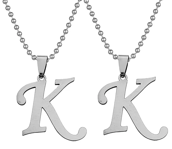 Airtick (Set Of 2 Pcs) Unisex Metal Silver Color Fancy & Stylish Trending Name English Alphabet 'K' Letter Pendant Locket Necklace With Ball Chain