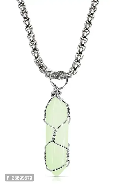 Airtick Light Green Color Unisex Natural Stone Healing Glass Life Of Wire Wrapped Teardrop Crystal Hexagonal Point Prism Radium Glow In the Dark Pencil Shape Locket Pendant Necklace With Box Chain