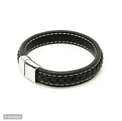 Airtick (Set Of 2 Pcs) Unisex Black  Silver Casual Style Daily Use Braided Leatherette Rope Cutting Wraps Strap Ponytail Design Sports Friendship Wrist Gym Band Bangle Bracelet With Buckle Lock-thumb2