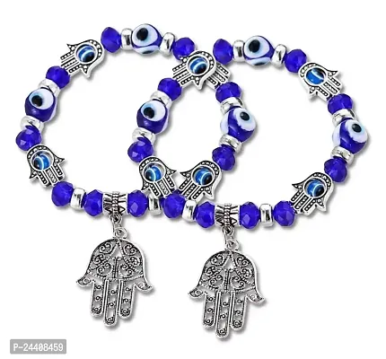 Airtick (Set Of 2 Valentine's Day Adjustable 8mm Blue Crystal Moti Pearl Beads/Stone Evil Eye Hamsa Fatima's Lucky Hand Palm Nazariya Suraksha Kavach Promise Wrist Band Cuff Elastic Field Bracelet-thumb0