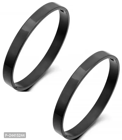 Airtick (Set Of 2 Pcs) Unisex Stylish Trending (6cm Diameter) Black Color Valentine's Day Special Stainless Steel Metal Plain Openable Lock Friendship Hand Cuff Wrist Kada Bangle Couple Bracelet-thumb0