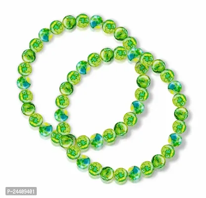 Airtick (Pack Of 2 Pcs) Stretchable Green Color 8mm Moti Pearl Bead Natural Feng-Shui Healing Howlite Crystal Gem Marble Stone Wrist Band Elastic Bracelet For Boy's And Girl's