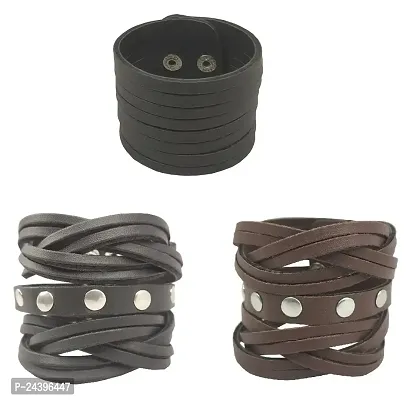 Airtick CMB7231 (Set Of 3 Pcs) Universal Funky Punk Stylish Trending Fashionable Dynamic Casual Cutting Braided Leatherite Wraps Dyed Rope Handmade Broad Friendship Cuff Wrist Gym Band/Bracelet Strap