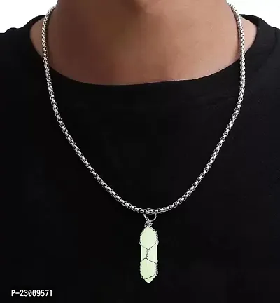 Airtick Unisex Light Green Plated Natural Stone Healing Glass Life Of Wire Wrapped Teardrop Crystal Hexagonal Point Prism Radium Glow in the Dark Pencil Shape Locket Pendant Necklace With Box Chain