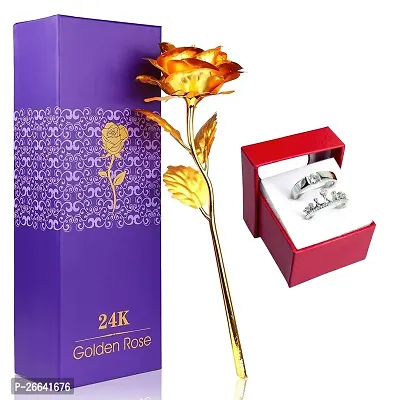 Airtick QX000279-01 Combo of Artificial Yellow Rose Flower with Silver King Queen Couple Ring Valentine Gift for Girlfriend, Boyfriend, Husband and Wife Special Gift Pack