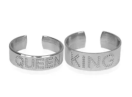 Airtick CMB7857 Multicolor Valentine's Day Stainless Steel Adjustable Size Romantic Couple King Queen Name Engraved Design Open-Cuff Finger Dainty Rings Set-thumb1