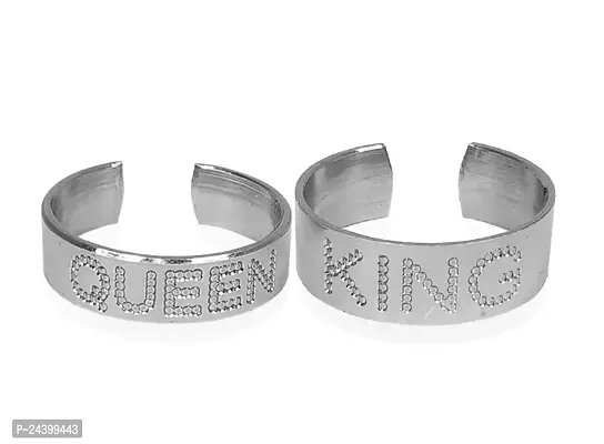 Airtick CMB7857 Multicolor Valentine's Day Stainless Steel Adjustable Size Romantic Couple King Queen Name Engraved Design Open-Cuff Finger Dainty Rings Set-thumb2