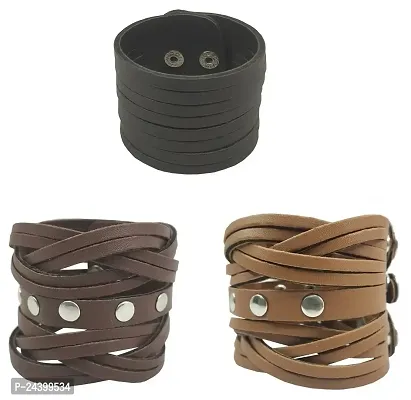 Airtick CMB7237 (Set Of 3 Pcs) Universal Funky Punk Stylish Trending Fashionable Dynamic Casual Cutting Braided Leatherite Wraps Dyed Rope Handmade Broad Friendship Cuff Wrist Gym Band/Bracelet Strap-thumb0