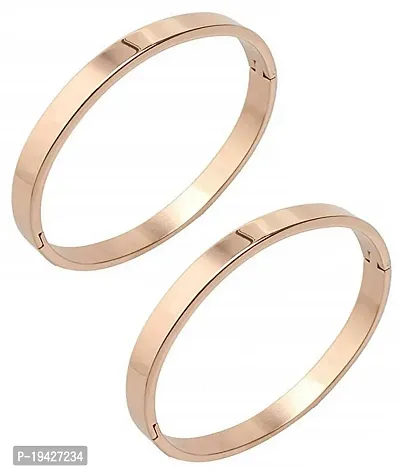 Airtick (Set Of 2 Pcs)  Rose Gold Color 6cm Diameter Unisex Stylish Valentine's Day Special Stainless Steel Plain Openable Lock Friendship Hand Cuff Wrist Kada Bangle Couple Bracelet-thumb0