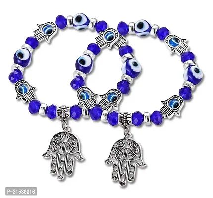 Airtick (Set Of 2) Valentine's Day Adjustable 8mm Blue Crystal Moti Pearl Beads/Stone Evil Eye Hamsa Fatima's Lucky Hand Palm Nazariya Suraksha Kavach Promise Wrist Band Cuff Elastic Field Bracelet-thumb0