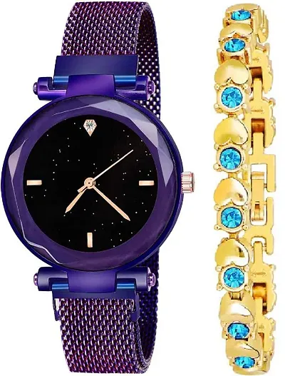 BLUTECH Magnetic Strap Styish Luxury Analog Watch with Bracelet for Girls and Women (Purple)