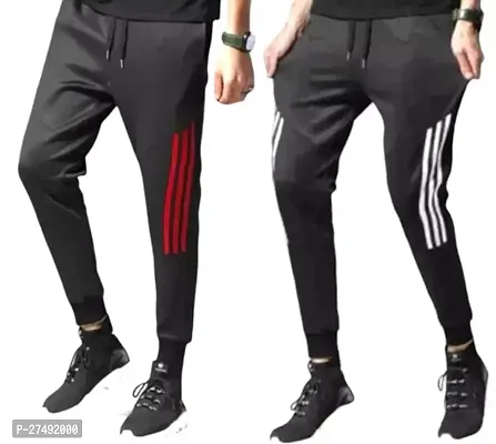 Stylish Black Cotton Spandex Striped Track Pants For Men- Pack Of 2