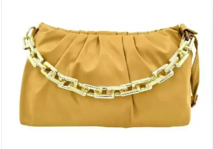 Trendy PU Leather Handbag With Golden Chrome Chain For Women