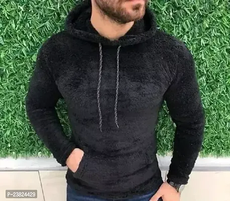 Elegant Black Wool Solid Long Sleeves Hoodies For Men-thumb0