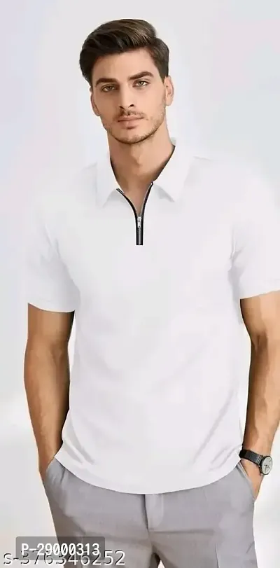 Trendy White Cotton Blend Solid Zipper Polos For Men-thumb0
