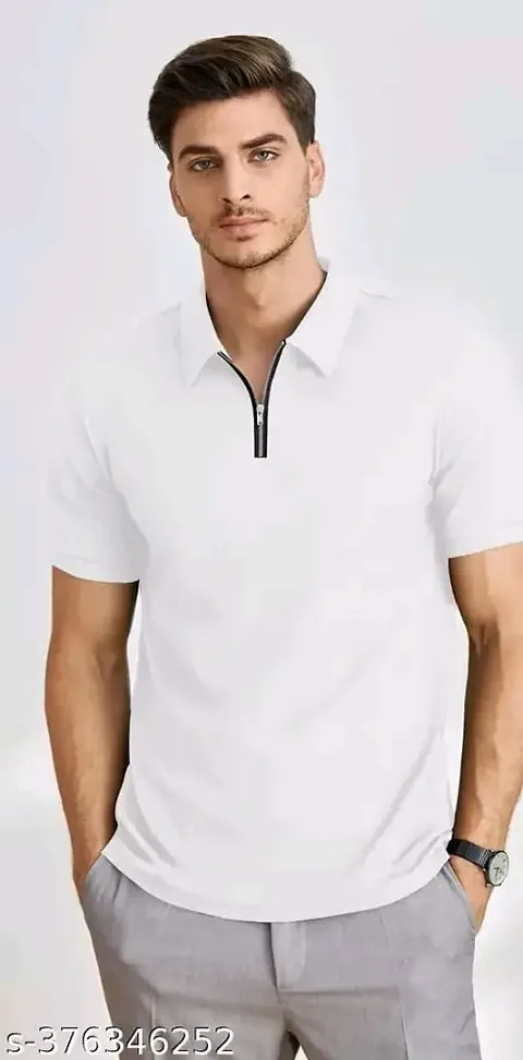 Trendy White Cotton Blend Solid Zipper Polos For Men